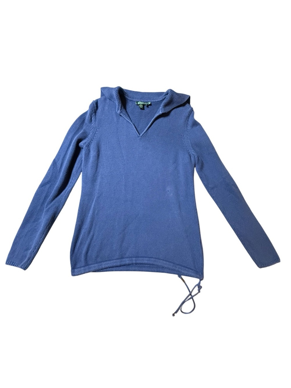 Lauren Ralph Lauren Blue Knit Hoodie Sweater Sz M V-Neck Drawstring Pullover VTG